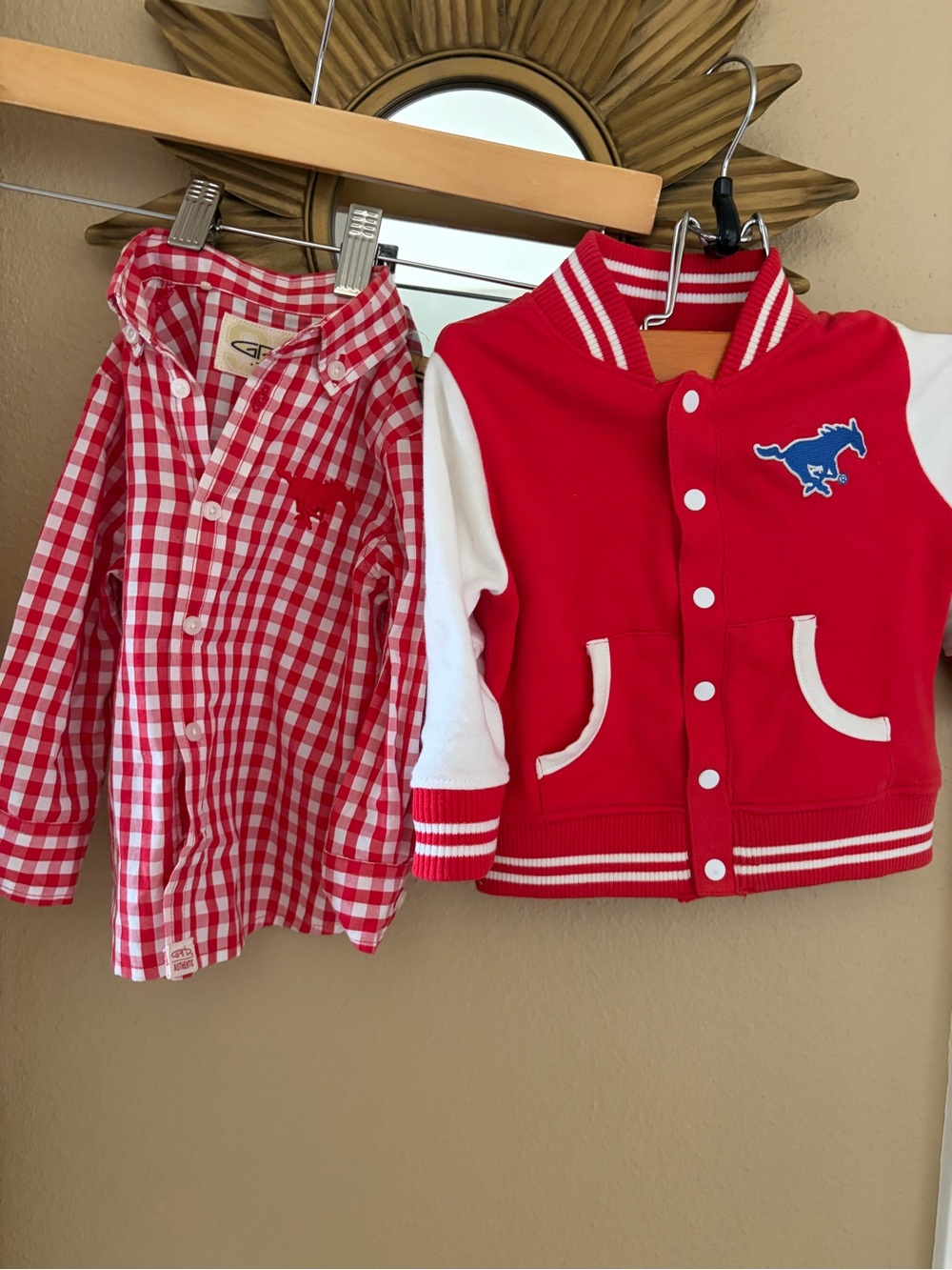 Garb Team Boys Red and White Plaid Shirt Mustang Creative Wear Varsity Coat 6 M